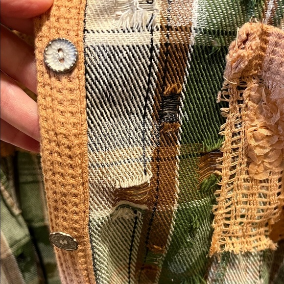 NWOT POL Multicolor Crochet Detailed Distressed Plaid Button Down Shacket - Picture 6 of 6